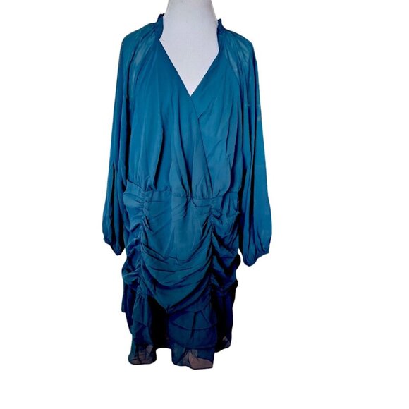 Andree By Unit 2X Dress Dark‎ Teal Chiffon Layered Longsleeve Blue Green Lined - Picture 2 of 13